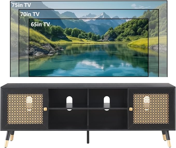 JYED Mid Century Modern TV Stand and Console for TVs Up to 75" - Black Entertainment Center, 2 Gold Metal Mesh Doors & MDF Wood Grain, 15.8" D x 66" W x 23.5" H