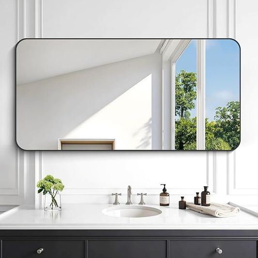 KOCUUY Black Bathroom Vanity Mirror, 24 x 48 inch Metal Frame Mirror with Rounded Corner, Rectangle Design of Upgraded Shatterproof Glass for Bathroom, Bedroom, Living Room, Entryway