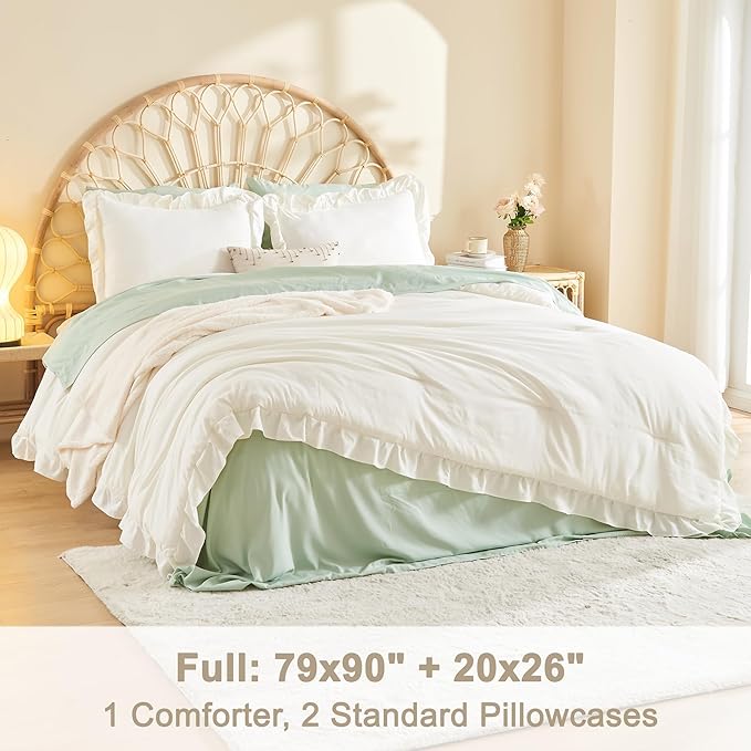 Litanika Full Comforter Set Ivory, 3 Pieces Beige Ruffle Farmhouse Aesthetic Bedding Comforter Set, Lightweight Fluffy Microfiber Bed Set (79x90In Comforter, 2 Pillowcases)