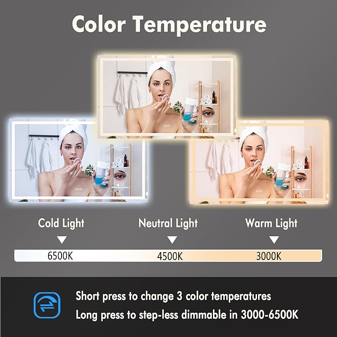 GarveeHome 60"x 36" LED Bathroom Mirror with Lights, Dimmable, Anti-Fog, Backlit + Front Lit, Smart Bathroom Vanity Mirror for Wall, Memory Function, Shatter-Proof (Horizontal/Vertical)