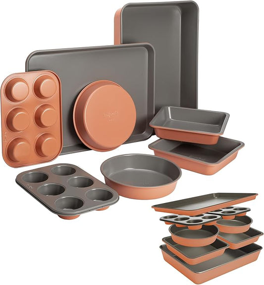 Goodful All-In-One Nonstick Bakeware Set, Stackable and Space Saving Design includes Round and Square Pans, Muffin Pans, Cookie Sheet and Roaster, Dishwasher Safe, 8-Piece, Terracotta