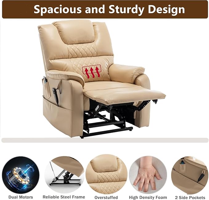 Dual Motor Power Lift Recliner Chair for Elderly, Heavy Duty Electric Recliner Chairs with Heat and Massage, Lay Flat 180-Degree Oversized Power Recliner with Lift Assist for Seniors