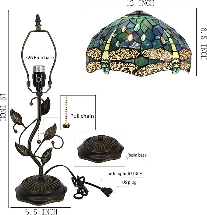 Tiffany Table Lamp, Stained Glass Desk Light, W12H19 Inch, Metal Leaf Base (Dragonfly Style)
