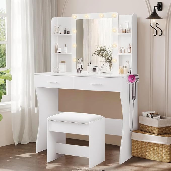 Vanity Desk with Mirror and Lights, Makeup Vanity Table and Chair Set with Power Strip, 3 Color Modes Adjustable Brightness Dressing Table, White Vanity for Bedroom