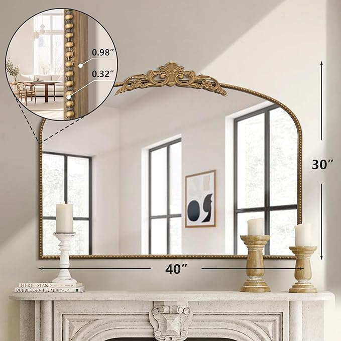 Micasso Gold Large Vintage Mirror, 40"x 30" French Baroque Antique Arched Wall Mounted Mirror Decorative Ornate Entryway Mirror for Wall Decor, Living Room, Hallway