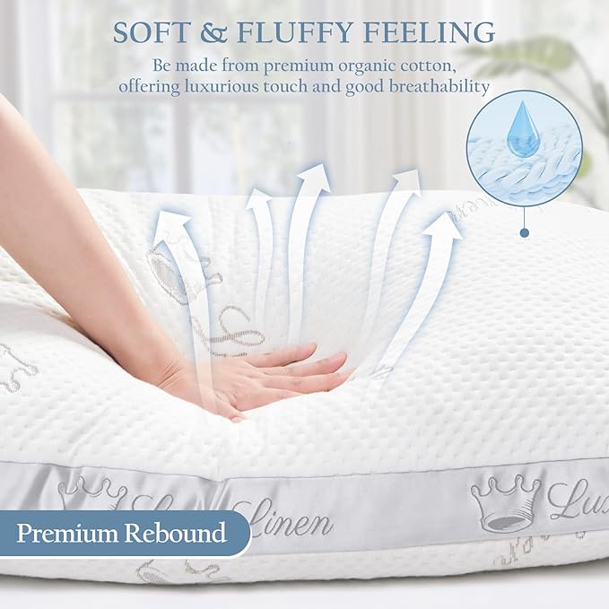 Organic Cotton Pillows Queen Size Set of 2, Shredded Memory Foam Pillows, Adjustable Bed Pillows for Sleeping, 20"x30"Organic Cotton Bed Pillows for Side, Back, Stomach Sleepers