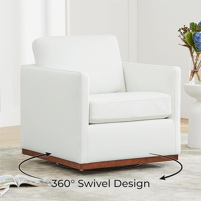 CHITA Genuine Leather Swivel Accent Chair, FSC Certified Mid Century Modern Arm Chair for Living Room and Bedroom, Fully Assembled, White