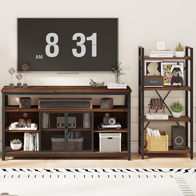 BON AUGURE Tall TV Stand for TVs up to 65 Inch, Industrial Wood Entertainment Center with Storage Cabinet, Farmhouse TV Media Console for Living Room and Bedroom (32 Inch High, Rustic Oak)