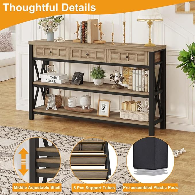 FATORRI Console Table for Entryway, Rustic Sofa Table with 3 Drawers for Living Room, Farmhouse Hallway Tables with Storage and Couch Tables Behind Sofa (54.72 Inch Long, Rustic Oak)