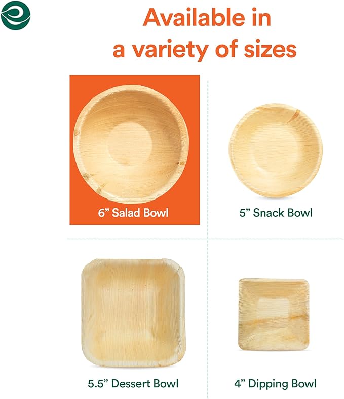 ECO SOUL Palm Leaf Bowl 200 pc, Small 6" (16 Oz) | Round Like Bamboo Bowls, Compostable, Biodegradable, Disposable Palm Leaf Bowls Eco-friendly | Sturdy, Microwave & Oven Safe