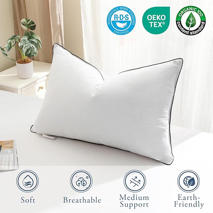 BPC Goose Feather Down Pillow King Size Set of 1, Luxury Hotel Bed Pillows, 100% Organic Cotton Cover, Soft Support Surround Fill Polyester, Medium Firm for Back, Stomach or Side Sleepers 20"x36"