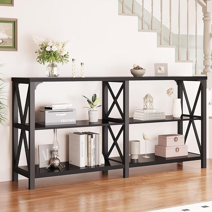 LVB Industrial Entryway Table, Farmhouse Rustic Console Tables Behind Couch, Long Metal Wooden Sofa Table with Storage Shelf, Modern Foyer Hallway Table for Living Room Bedroom, Black Oak, 63 in