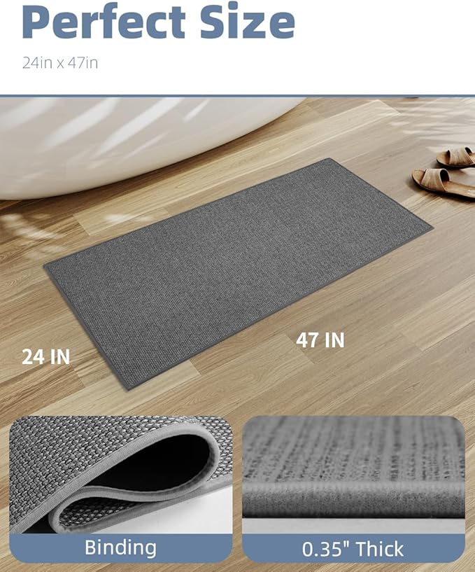 PADOOR Non-Slip Bath-Mats, Rubber-Backing Braided Absorbent Bath Mat Machine Washable Thin Bath Rugs Fit Under Door Quick Dry, 24x47 Grey