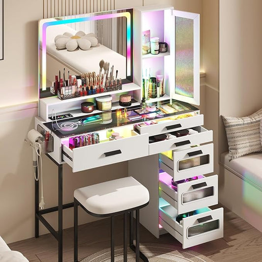 RGB Vanity Desk with Mirror and Lights, Glass Top Makeup Vanity with 6 Drawers & Wireless Charging,Vanity Table Set with RGB Cabinet Light and Jewelry Box, for Girls Bedroom, White