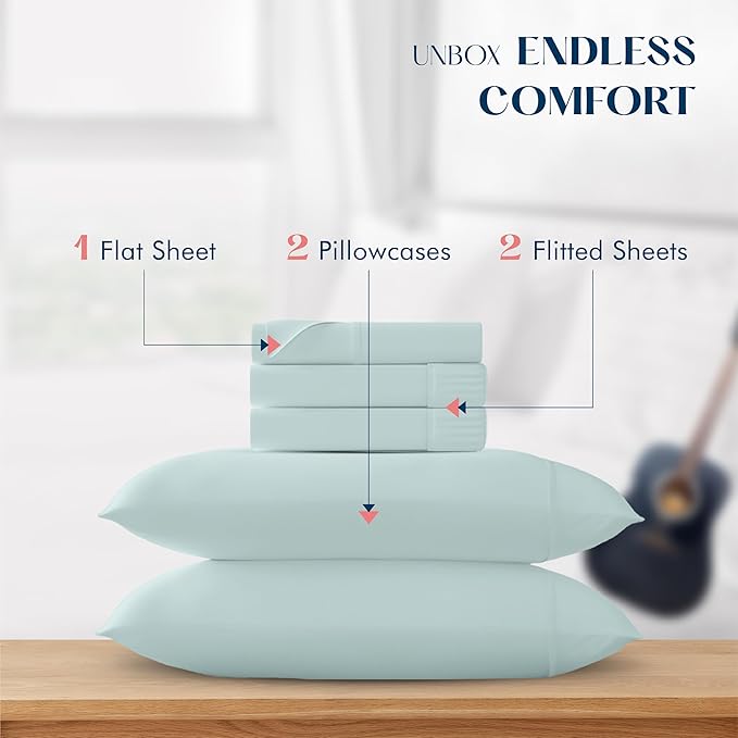 XOOX Linen Split King Sheets Sets for Adjustable Bed - 100% Cotton 500 Thread Count Split Head King Sheets (5 PC, Sea Foam), Soft, Cooling Sateen Weave Sleep Number Deep Pocket Bed Sheet Set