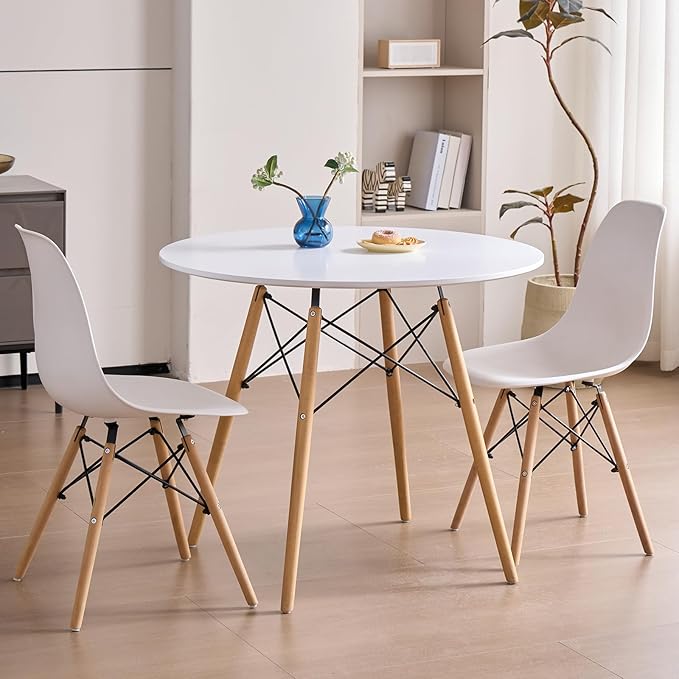 35.5'' 5 Piece Round Dining Table Set for 4, Mid-Century Modern Table with Chairs, Space Saving, Plastic Seats, Wood Legs, Circle Dinner Table for Kitchen, Home, Apartment, White