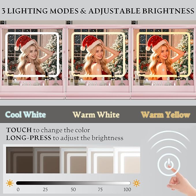 Vanity Desk with HD Lighted Mirror & Power Outlet, Farmhouse Makeup Vanity Table Set with Storage Drawers & RGB Cabinets, Large Dressing Table with 3 Lighting Modes for Women Girls Kids Bedroom, Pink