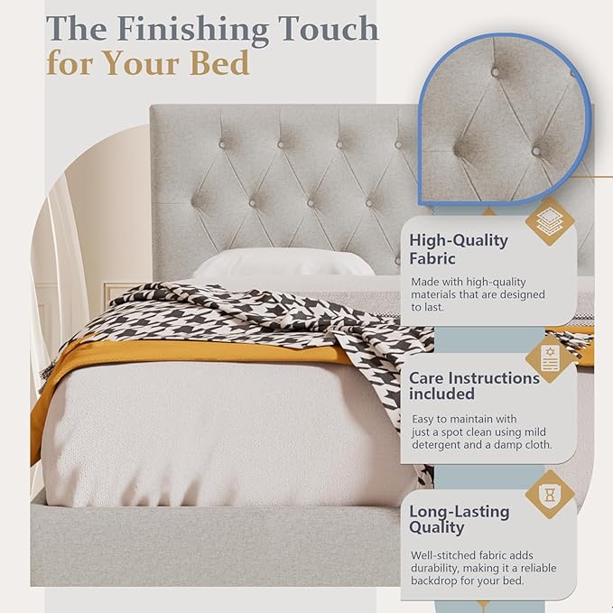 Rosevera Givanna Adjustable Height Headboard with Linen Upholstery and Button Tufting for Bedroom, King, Natural Linen