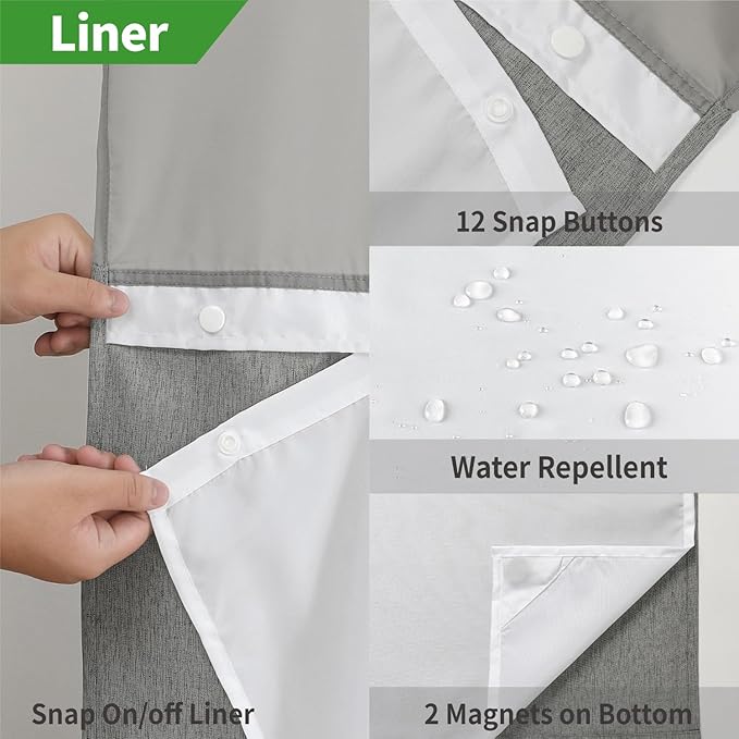 Extra Long No Hooks Needed Linen Textured Shower Curtain with Snap-in Fabric Liner Set,Grey Hotel Luxury Decor Shower Curtains for Bathroom,Waterproof & Washable,71Wx86H