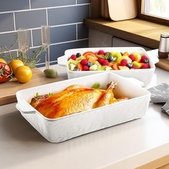 Casserole Dishes for Oven, Ceramic Baking Dishes, Lasagna Pan with Handles, Porcelain Baking Pan Deep, Bakeware for Baking, Cooking, Wedding Gift, Set of 3 (11.6" x 7.8", White)
