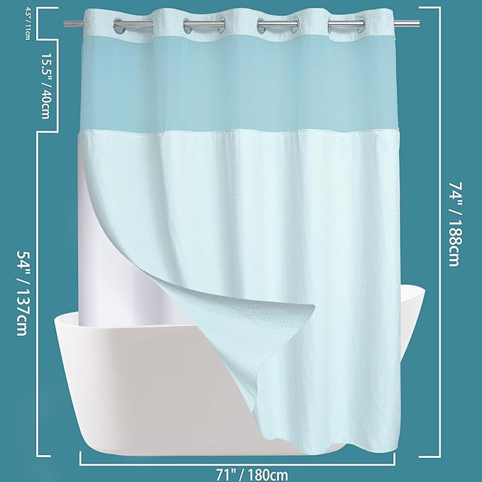 Conbo Mio No Hook Waffle Weave Shower Curtain with Snap in Liner Set, Hotel Luxury Blue Shower Curtains for Bathroom with See Through Top Window, Waterproof, Washable 71W x 74H