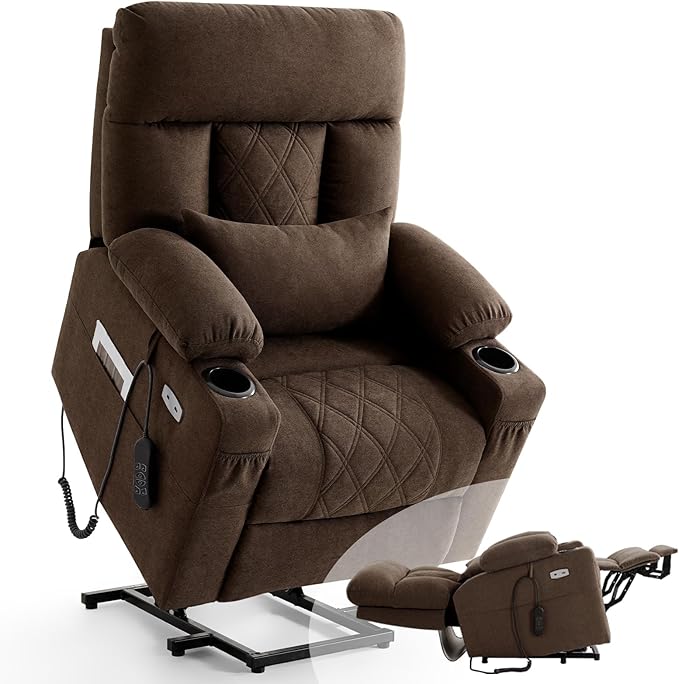 Power Lift Recliner Chair for Elderly with Extended Footrest, Infinite Position Lay Flat Recliner Chair for Adult W/Massage & Heating, Adjustable Headrest, 3-Motor Zero Gravity,Cup Holder, Fabric