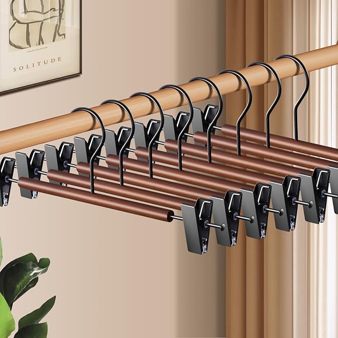 Wooden Pants Hangers with Clips 10 Pack Adjustable Wood Skirt Hangers for Women&Men Space Saving Closet Non Slip Clothes Hanger for Jeans,Trousers,Short,12Inch Brown