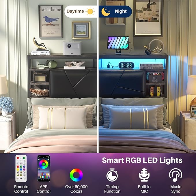Upholstered Queen Size Headboard with Charging Station and Smart RGB LED Light, Queen Bed Head Board with Storage Shelf, Sturdy and Solid Headboards for Bedroom, Guest Room, Dorm, Black Oak