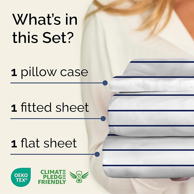 Striped Sheets - Navy Blue & White Striped Sheets - 1 Flat & 1 Fitted & 1 Pillowcase w/ Deep Pockets – Wrinkle & Fade Free - Soft, Breathable & Cooling – Luxury Pinstripe Bedding - Twin Size Bed Set