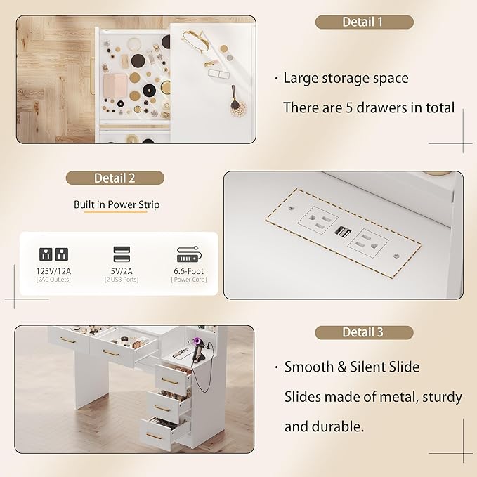 Makeup Vanity with Lights & Charging Station, White Vanity Table with 5 Drawers & Open Storage Shelves ， Bedroom Makeup Dressing Table Set for Women Girls