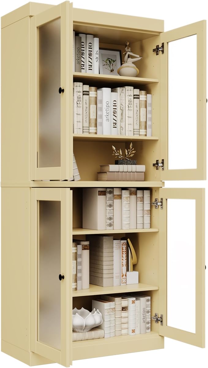 Palace Imports Solid Wood Bookcase w/Frosted Glass Doors & Adjustable Shelves for Living Room - 6-Tier Tall Bookshelf, 71.5" H x 32” W - Yellow, 100% Renewable Eco-Friendly Wood, Made in Brazil