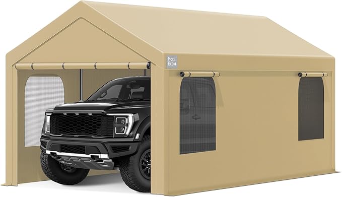 Carport, 12 x 20 FT Portable Garage Heavy Duty, Carport Canopy with Sidewalls Roll-Up Door & Windows, Car Port Canopy Tent Reinforced with Extended Skirt for Truck, Boat, Car Shed (Khaki)