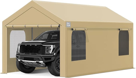 Carport, 12 x 20 FT Portable Garage Heavy Duty, Carport Canopy with Sidewalls Roll-Up Door & Windows, Car Port Canopy Tent Reinforced with Extended Skirt for Truck, Boat, Car Shed (Khaki)
