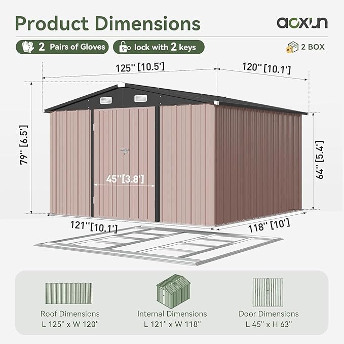 Aoxun 10x10 FT Shed Outdoor Storage Shed with Base, Large Shed Steel Utility Tool Shed Storage House with Door & Lock, Metal Sheds with Sloped Roof for Garden Patio Lawn Poolside, Brown