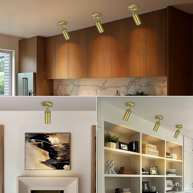 Brass Ceiling Spotlight, Hardwired LED Ceiling Spot Lights, Flush Mounted Directional Ceiling Light, Indoor Spotlight Fixtures, Adjustable Monopoint Spot Lights for Living Room Dining Room