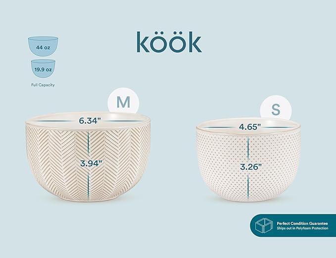 KooK Ceramic Mixing Bowls, Nesting Set of 4, Embossed Kitchen Dishware, Prep, Serving, Gift, Microwave and Dishwasher Safe, 20/44/98/145 oz, Narbonne Collection (Ivory)