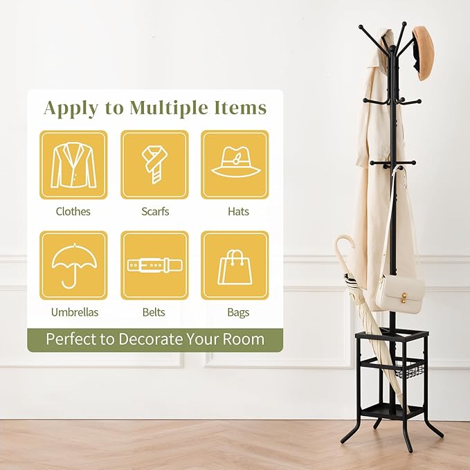 Yoobure Coat Rack Freestanding - Coat Tree with Umbrella Holder, Metal Coat Rack Stand with 12 Hooks, Modern Coat Hanger Stand for Entryway, Purse Rack Hat Rack Stand for Living Room Bedroom Office