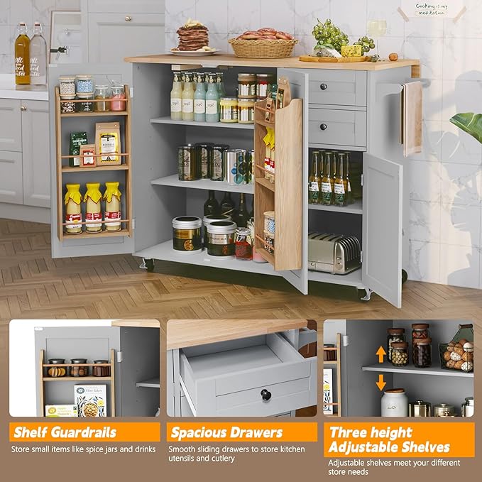 HLR Kitchen Island with Storage, Grey Rolling Kitchen Island on Wheels with Drop-Leaf Bar Countertop, Prep Table with Side Open Spice Rack and Tower Rack, Home Bar Carts with Storage