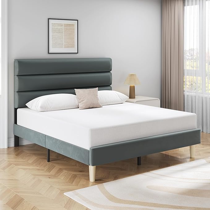Full Bed Frame, Platform Bed Frame with Velvet Upholstered Headboard, No Box Spring Needed, Sturdy Metal Support, Noise Free, Easy Assembly, Modern Bedroom Furniture, Grey