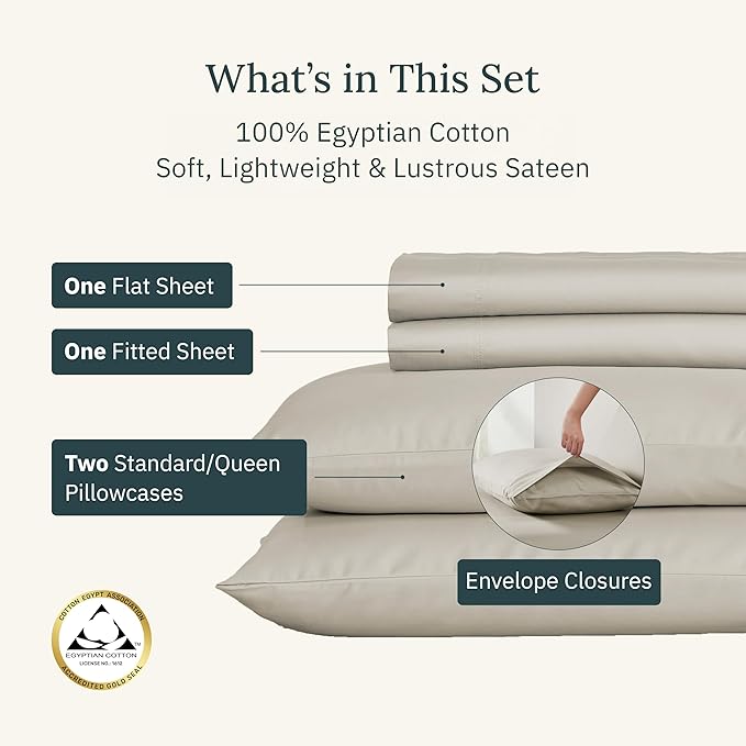 California Design Den Certified Luxury Queen Bed Sheets Set, 100% Egyptian Cotton Deep Pocket Bed Sheets Set, Sateen Cooling Sheets for Hot Sleepers, Beige Sheets Queen