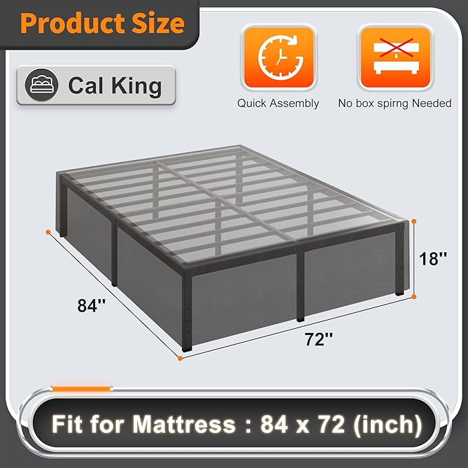 18 Inch California King Bed Frame with Black Bed Cover, Metal Cal King Bed Frame No Box Spring Needed, Heavy Duty Mattress Foundation, Easy Assembly, Noise Free