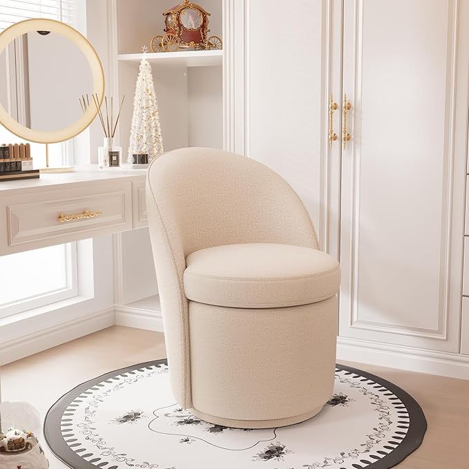 YOUNIKE Vanity Bench Boucle Fabric Oatmeal Solid Wood Swivel Accent Chair with Backrest Easy Assembly Dressing Stool for Bedroom & Makeup Room