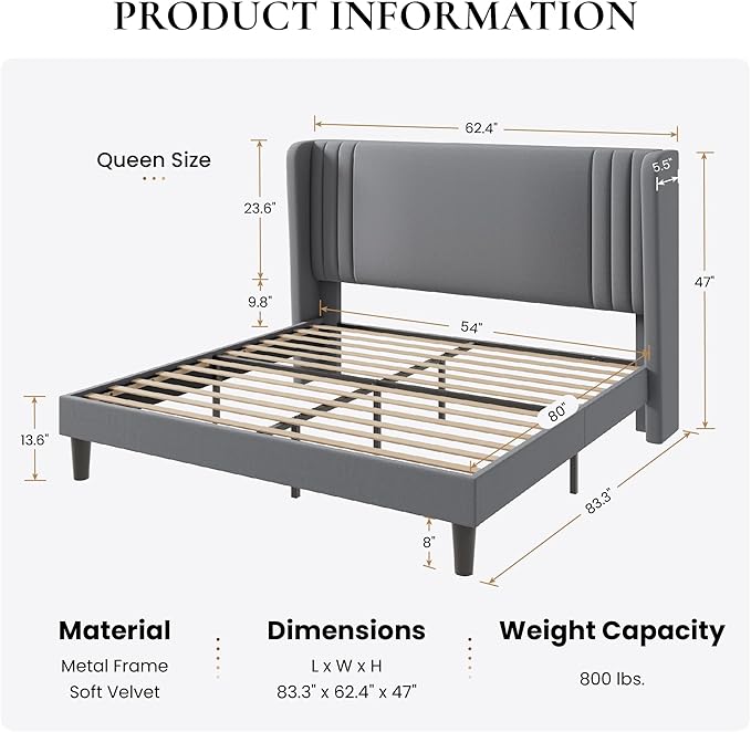 SHA CERLIN Queen Size Velvet Upholstered Platform Bed Frame with Vertical Channel Tufted Wingback Headboard, Wooden Slats Support, Easy Assembly, Under Bed Storage, No Box Spring Required, Grey