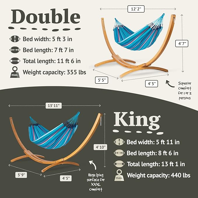 LA SIESTA® - XL King Brisa Classic Hammock & Elipso Stand - Larch Wood Hammock Stand - Weather & Tear Resistant - Backyard Outdoor Hammock with Stand - Family Hammock and Stand - Max 440 Lbs, Wave