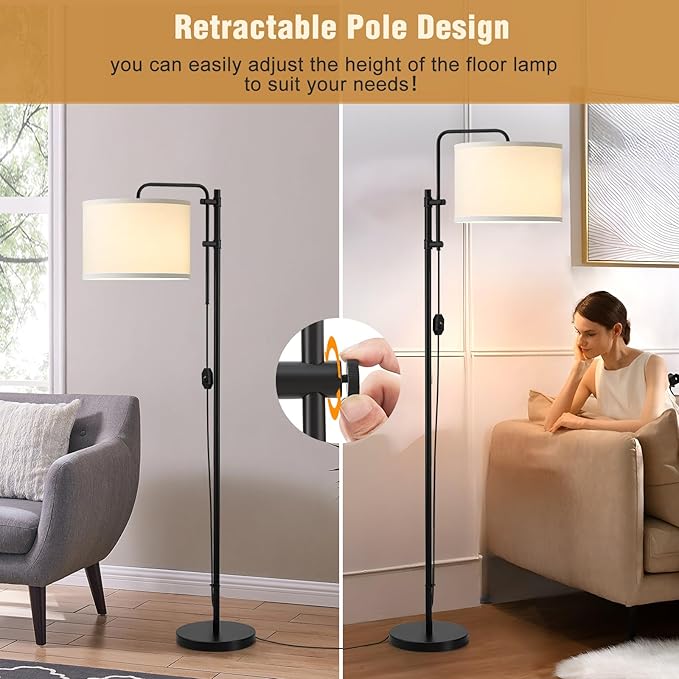 GyroVu Floor Lamp for Living Room, Adjustable Height Standing Lamps with 350° Rotate White Lampshade, 67.5-Inch Modern Tall Lamp Dimmable Floor Lamps for Corner Bedroom Home Office (Bulb Included)