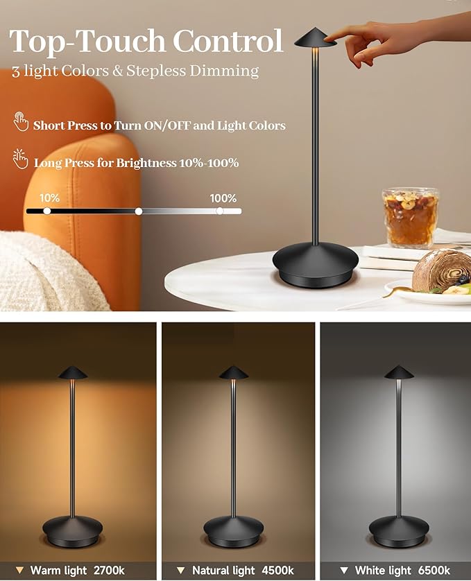 Portable Led Cordless Lamp Table Light, Rechargeable 6000mAh Battery Outdoor Table Lamp for Dinning Restaurant Patio Bedroom Camping, IP54 Waterproof, Dimmable