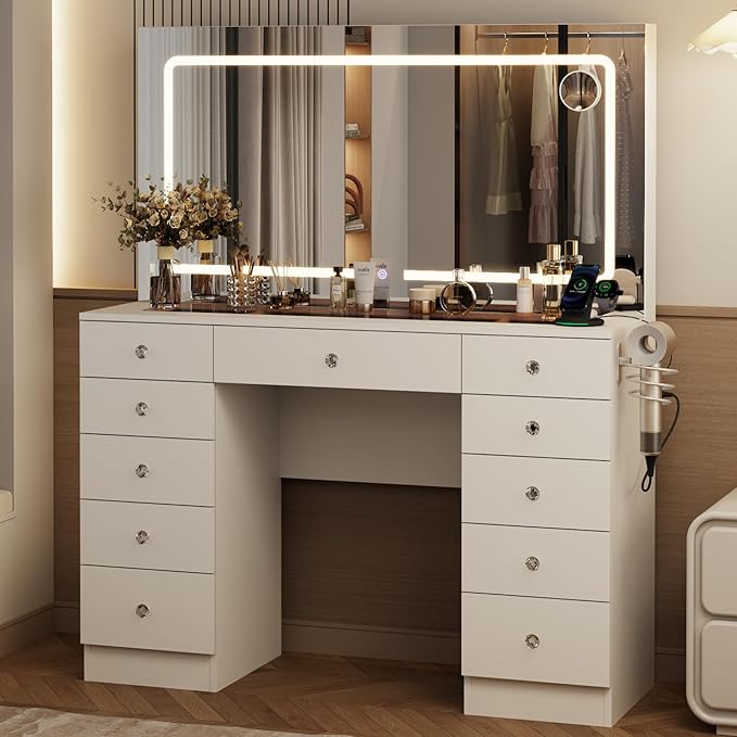 White Makeup Vanity, 11 Drawers Vanity Mirror with Lights, Makeup Vanity Desk with 3 Lighting Modes Adjustable Brightness, Vanity with Glass Top for Bedroom