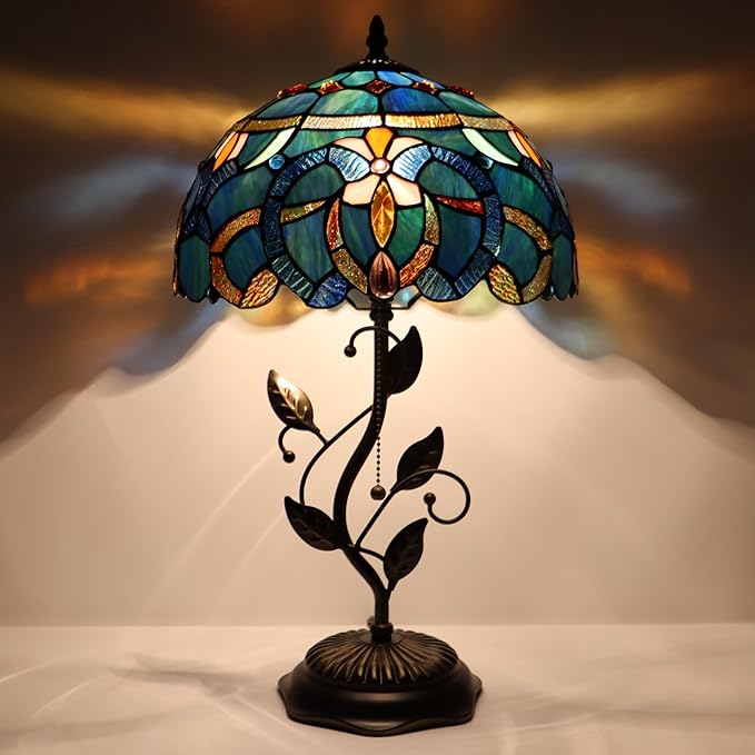 Tiffany Table Lamp, Stained Glass Desk Light, W12H19 Inch, Metal Leaf Base (Blue Baroque Style)