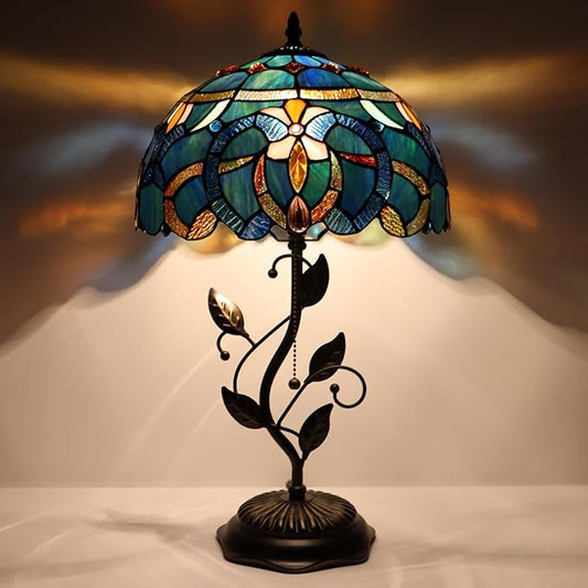 Tiffany Table Lamp, Stained Glass Desk Light, W12H19 Inch, Metal Leaf Base (Blue Baroque Style)