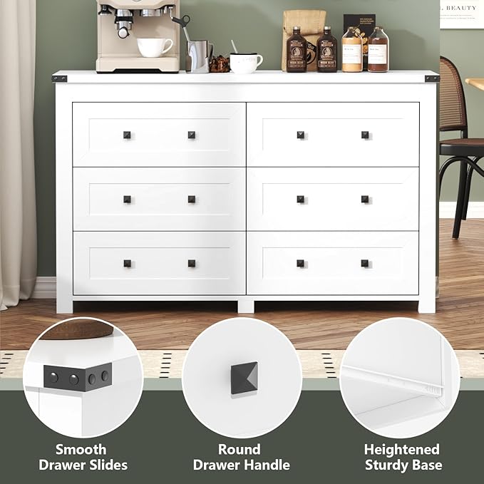 White Dresser for Bedroom, 47.3" Modern Dresser for Closet TV Stand, 6 Drawer Wood Dressers & Chest of Drawers with Black Knobs, Wide Closet Storage Organizer for Living Room, Hallway